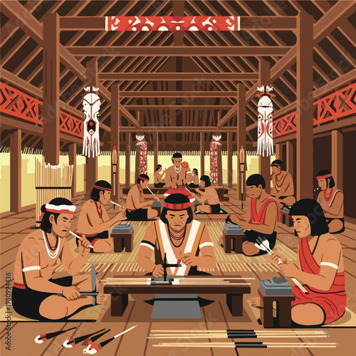 Indigenous people crafting traditional wooden arrows inside a communal longhouse