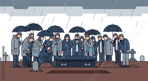 Mourners gather in the rain for a funeral service around a casket at a cemetery