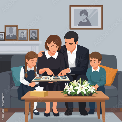 Sad family looking at photo album, mourning a loss with lilies on the table