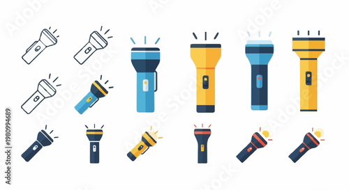 Flashlight icon set. Flat set of flashlight vector icons for Fweb design