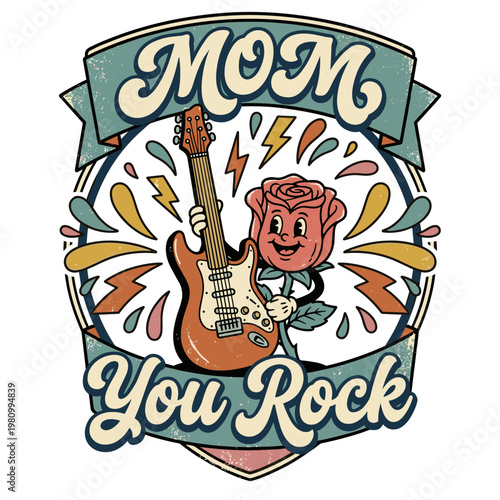 Mom You Rock guitar and rose retro illustration for Mother's Day
