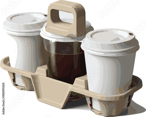Coffee Cup Carrier with Three Cups for Takeout and Beverage Delivery Illustration