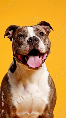 Happy Pitbull Dog Panting With Tongue Out Against Yellow Background, Studio Portrait