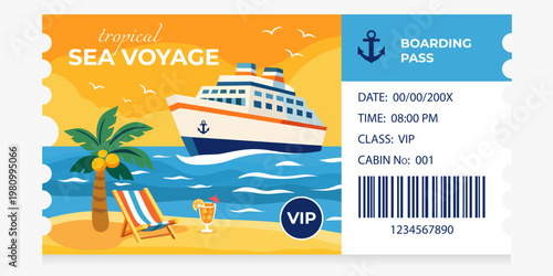Cruise ship boarding pass for tropical sea voyage. Illustrated ticket with palm, ocean, and boat for summer vacation. Travel document concept for holiday cruise trip reservation.