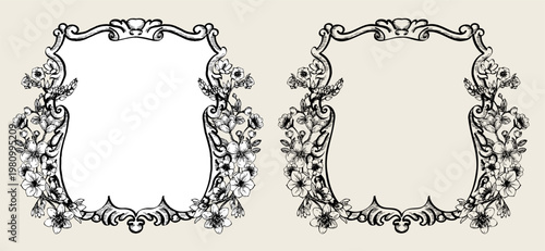 Elegant hand-drawn Victorian heraldic crest with floral elements and ornamental details. Vector shield in two versions: with background and isolated.