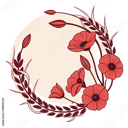 Red poppy flowers, buds, and wheat sprigs in round frame, remembrance day vector border design on light background.