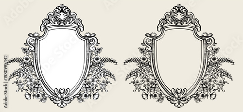 Elegant hand-drawn Victorian heraldic crest with floral elements and ornamental details. Vector shield in two versions: with background and isolated.