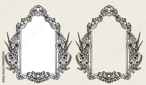 Elegant hand-drawn Victorian heraldic crest with floral elements and ornamental details. Vector shield in two versions: with background and isolated.