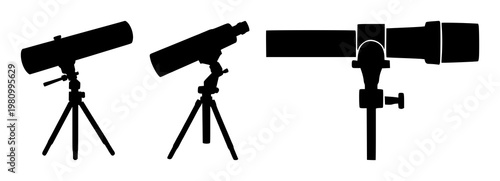 Telescope set with solid black icon against white background featuring telescope, stargazing, astronomy with vector and illustration