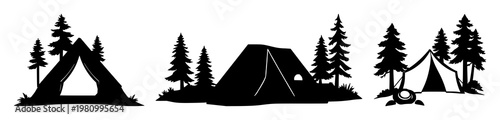 Forest camping tent icon set with solid black silhouette against white background featuring outdoors, camping, tent icon with design and illustration for travel, adventure, nature
