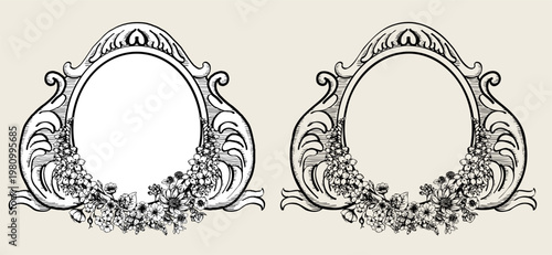 Elegant hand-drawn Victorian heraldic crest with floral elements and ornamental details. Vector shield in two versions: with background and isolated.