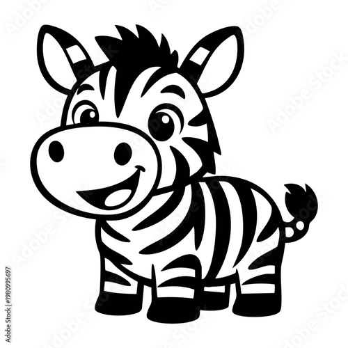 Baby zebra cartoon character standing, smiling, showing black and white stripes. Adorable animal with simple design for kids