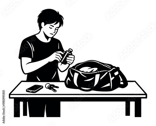 Young man packing his gym bag with a bottle of supplements before a workout, focusing on preparation and a healthy lifestyle