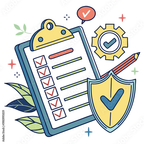 Security checklist clipboard with shield and gear icons representing safety audit and data protection protocol for corporate quality control vector.