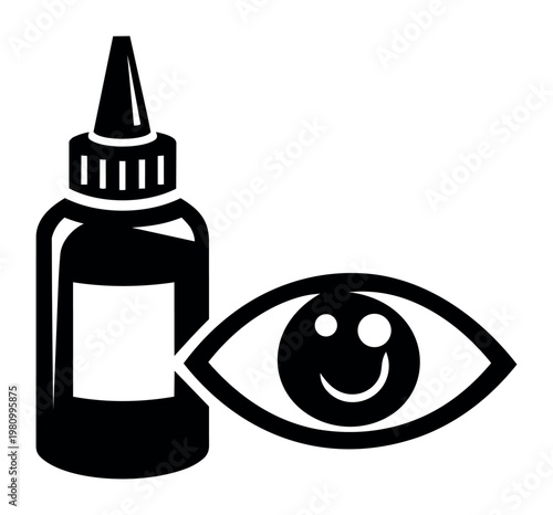 Eye drops bottle shown next to a happy eye icon, symbolizing vision health, medical care, and effective treatment
