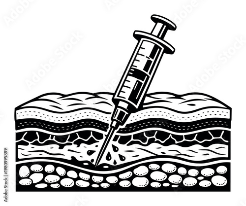 Syringe injecting liquid into multiple layers of human skin, showing a medical injection, vaccine, or cosmetic dermatology procedure