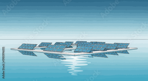 Floating Solar Array: An innovative floating solar array glistens on the tranquil water, harnessing the power of the sun to generate clean, sustainable energy.