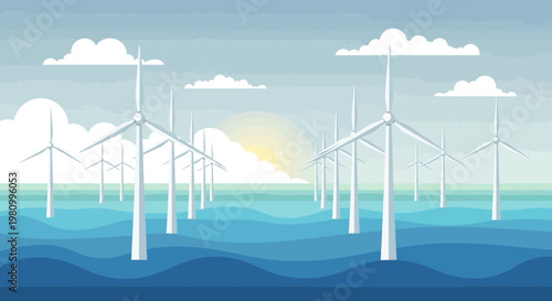 Wind Turbines in the Horizon: A serene illustration of numerous wind turbines standing tall amidst the vast expanse of ocean, harnessing the power of the wind to generate sustainable energy.