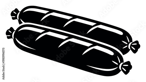 Two raw sausages, a vector illustration in black and white, depicting meat for grilling, barbecues, and outdoor cooking