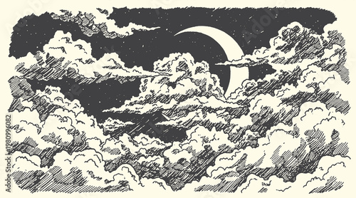 Night sky illustration featuring a crescent moon and fluffy clouds drawn in a detailed vintage hand sketched ink style