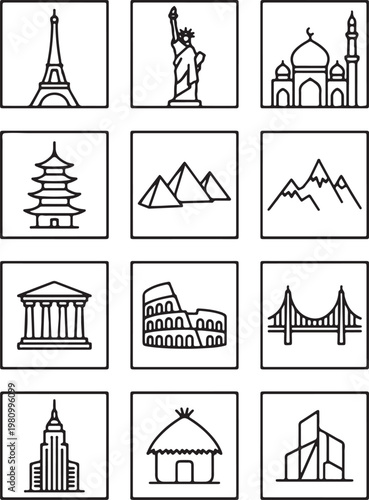 Grid of famous world landmarks and architectural styles with landmarks architecture buildings monuments attractions monument skyscraper pyramids mountains colosseum