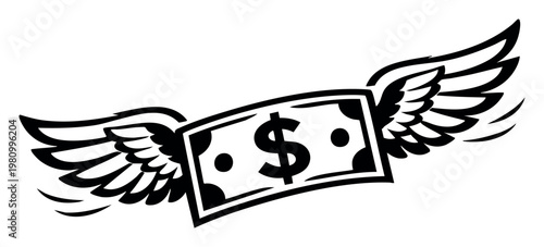 Dollar bill flying with wings, symbolizing outgoing money, quick expenses, financial freedom, spending, and income