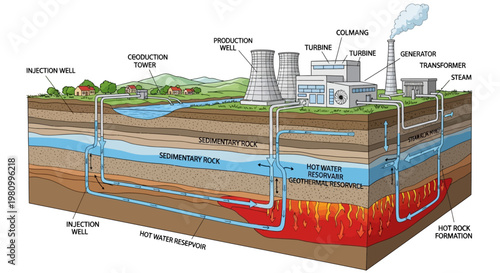 Geothermal Power Plant: An intricate cutaway diagram showcasing the inner workings of a geothermal power plant. A diagram of Earth's crust reveals the process of harnessing geothermal energy.
