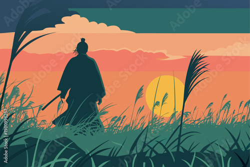 Japanese Samurai Warrior Silhouette Walking Through Meadow toward Sunset for Business Strategy Metaphor, Martial Arts Branding, and Motivational Philosophy Poster Design
