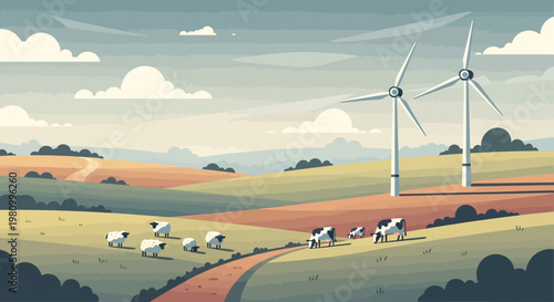 Renewable Energy and Sustainable Farm: A serene pastoral scene blends renewable energy with traditional farming, showcasing the harmony between wind turbines and livestock.
