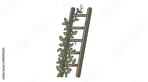 A weathered wooden ladder overgrown with green vines and leaves, symbolizing growth and nature's reclamation