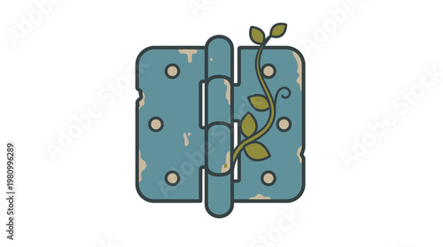 Weathered Door Hinge Icon with Green Vine, Symbolizing Nature's Persistent Growth on an Aged Structure