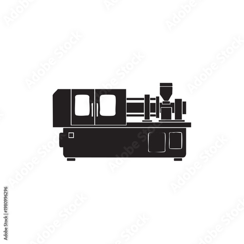 Injection molding machine vector icon illustration, manufacturing process for producing parts by injecting molten material into a mold, plastic production.