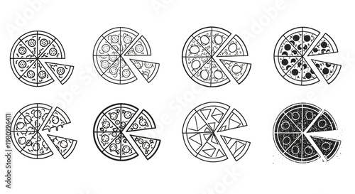 Collection of pizza icons in various styles, including outline and distressed textures, with missing slices.