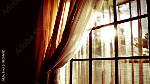 Soft morning sunlight light curtains window glow home interior calm peaceful wakeup lifestyle comfort relaxation serene atmosphere gentle illumination daily routine cozy living space concept