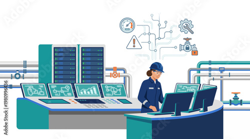 Industrial control room worker operating machinery.