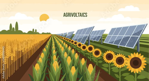 Agrivoltaics: Sustainable Energy and Agriculture: Witness the harmonious blend of solar panels and agriculture. A bright sun illuminates a field of sunflowers and crops under the agrivoltaic system.