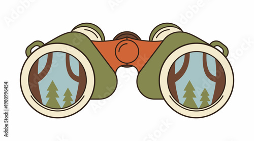 Binoculars reflecting a forest scene with trees and clear skies, suggesting exploration and nature observation
