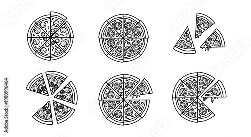 Set of black and white line art pizza icons with various toppings and missing slices.
