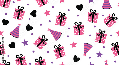 Colorful Gift Boxes, Party Hats, and Stars Pattern for Birthday, Celebration, and Event Designs, Perfect for Invitations, Wrapping Paper, and Decorations