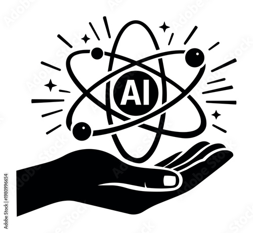 Hand holding a glowing atom with AI abbreviation at its nucleus, symbolizing the core of artificial intelligence and scientific progress