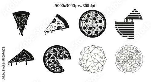 Minimalist pizza icons in black silhouette and line art styles including geometric shapes and sliced portions.