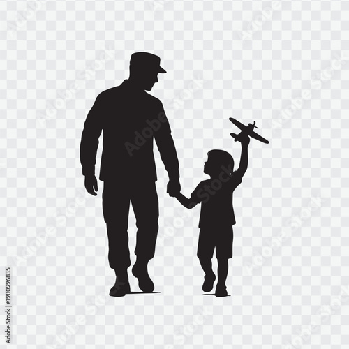 Soldier with child. Holding hand of child. Soldier silhouette