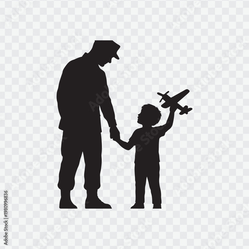 Soldier with child. Holding hand of child. Soldier silhouette