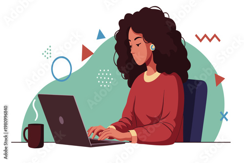 A woman with curly hair works on her laptop while sitting in a modern workspace on transparent background