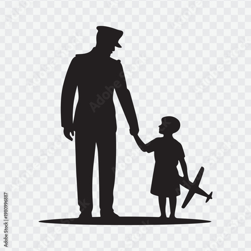 Soldier with child. Holding hand of child. Soldier silhouette