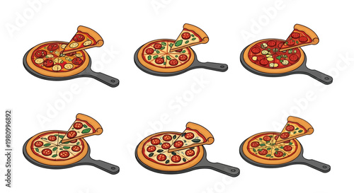 Pepperoni pizza slices being lifted from wooden serving paddles in different topping variations and perspectives.