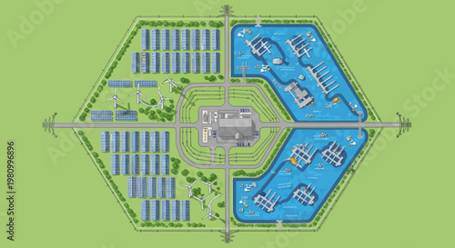 Sustainable Energy Hub: An aerial view of a meticulously planned sustainable energy hub, seamlessly integrating solar farms, energy storage facilities, and advanced infrastructure.