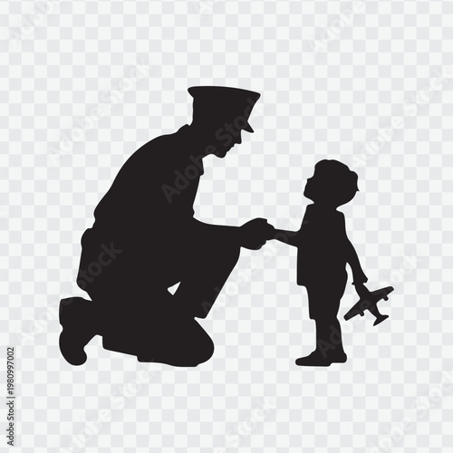 Soldier with child. Holding hand of child. Soldier silhouette