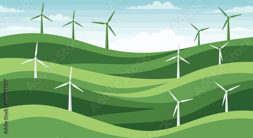 Wind Turbines on Rolling Hills: A picturesque landscape of rolling green hills is dotted with wind turbines, a symbol of sustainable energy.