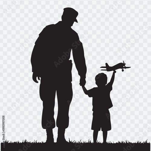 Soldier with child. Holding hand of child. Soldier silhouette